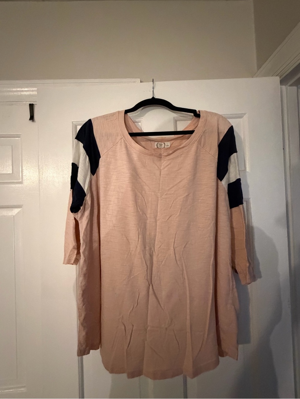 Light Pink Tunic Top with Navy and White Sleeve Accents